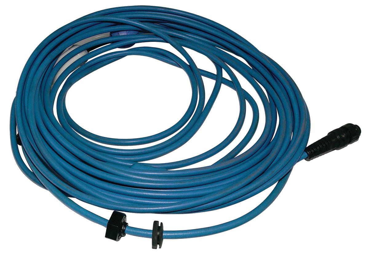 The Maytronics Dolphin 3-Wire 60' Cable w/ Swivel (99958906-DIY), featuring connectors on both ends, is coiled and displayed on a white background.