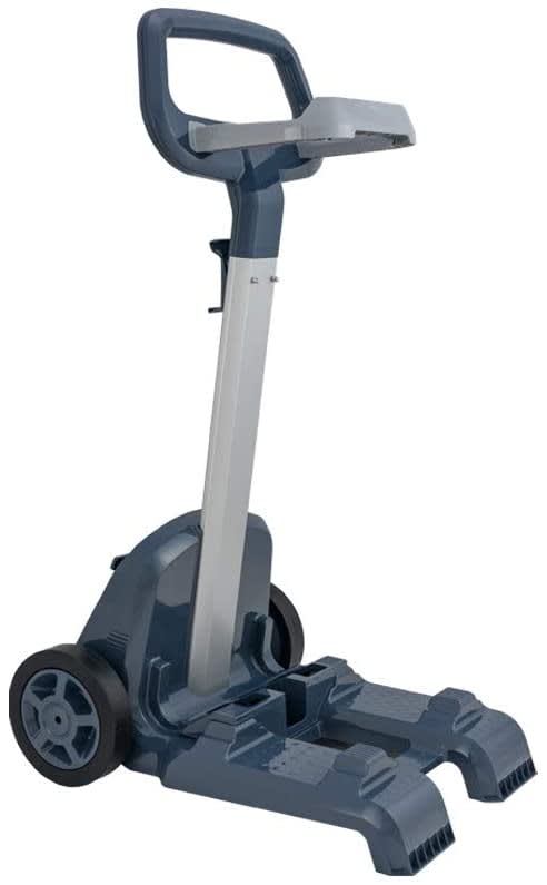 The Maytronics Dolphin Universal Pool Cleaner Caddy, model 9996084-ASSY, is a two-wheeled gray and blue upright cart with a handle and base designed for carrying items or equipment.