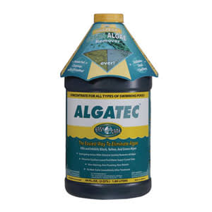 The EasyCare Algatec Super Algaecide Clarifier, in a 64 oz bottle (EC10064), is ideal for cleaning pools. Featuring a green and yellow label with a blue cap, it's perfect for eliminating stubborn algae.