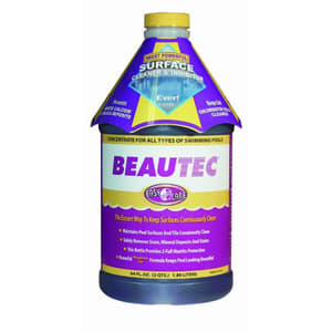 Image of an EasyCare Beautec Ultimate Scale & Stain Preventer bottle. The label, with a star design, highlights its effectiveness for all pool types and features advanced Synertec polymer technology for superior protection.