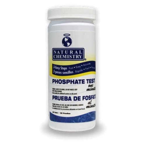 White Natural Chemistry Phosphate Test Kit 10080NCM container with a blue label for pool water testing features text in English and Spanish to effectively monitor phosphate levels.