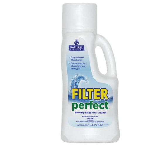 The "Natural Chemistry Filter Perfect" filter cleaner, with a white design and blue wave graphic, is a 1L (33.9 fl oz) deep cleaning solution by NaturalChemistry that enhances filter efficiency. Product code: 13215NCM; available 12 per case.