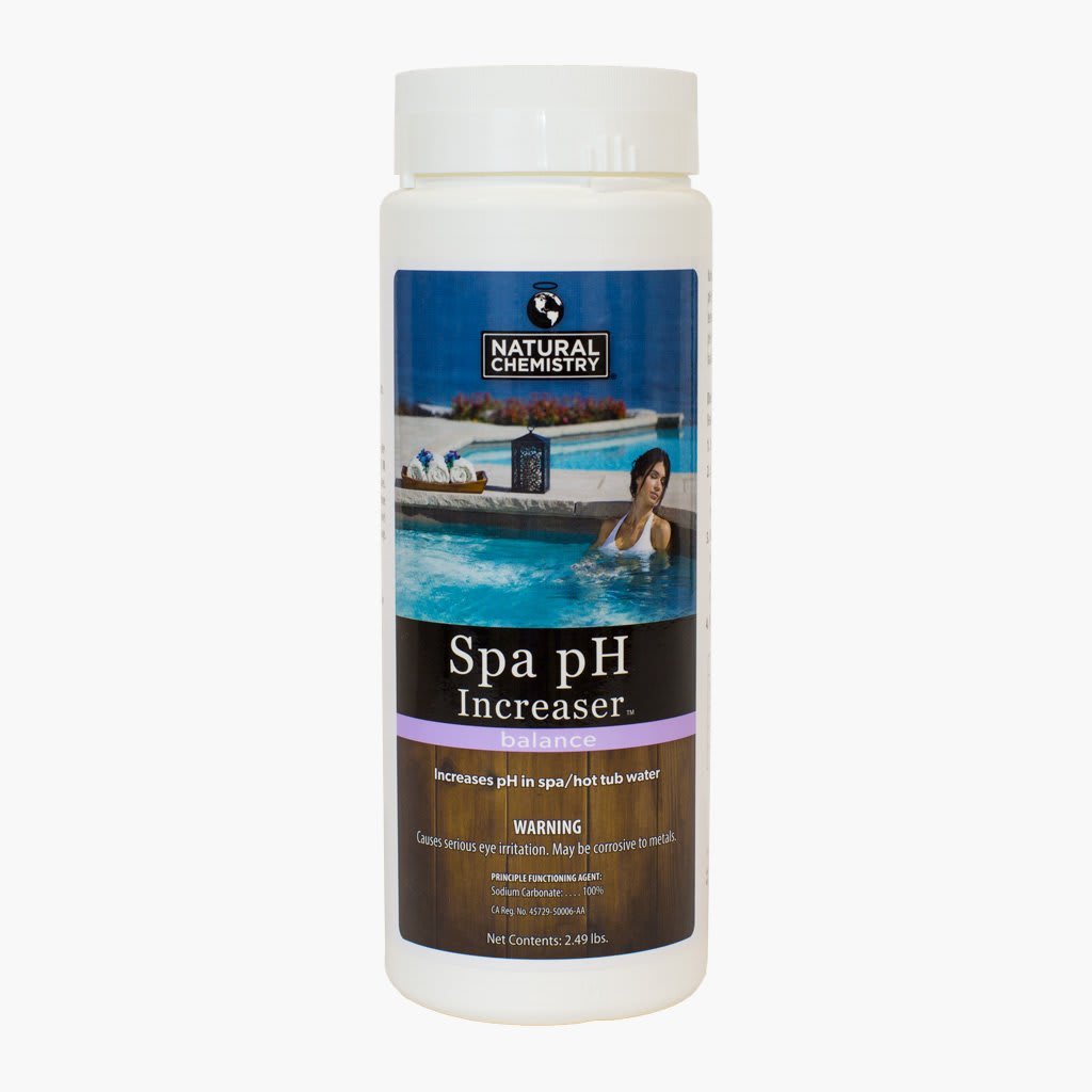 The 2.49 lb white bottle of NaturalChemistry Spa pH Increaser, model 14202NCM, is designed to adjust and maintain the ideal pH balance in spa and hot tub water.