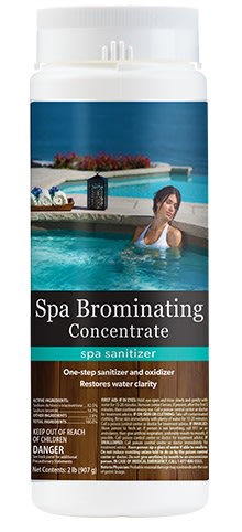 A 2 lb bottle of NaturalChemistry Spa Brominating Concentrate (14224NCM) hot tub sanitizer, with a label showing a woman relaxing in a hot tub by a pool.