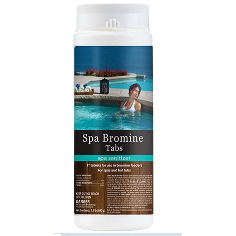 A 1.5 lb bottle of Natural Chemistry Spa Bromine Tablets (14229NCM) ensures a safe bromine residual for spa sanitation, with caution instructions and a label featuring a woman relaxing in a spa.