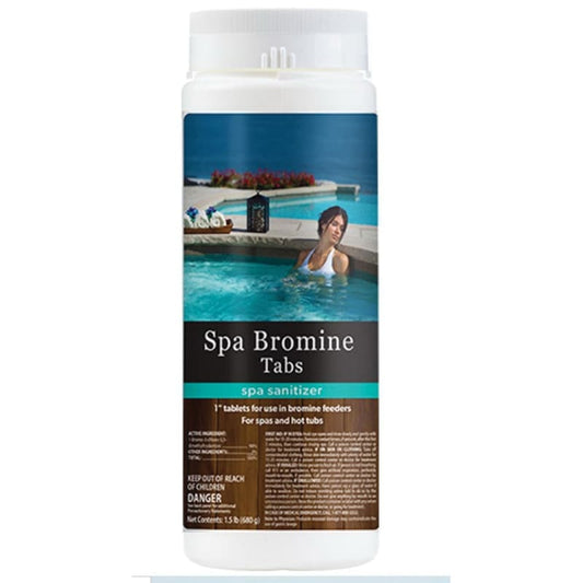 A 1.5 lb bottle of Natural Chemistry Spa Bromine Tablets (14229NCM) ensures a safe bromine residual for spa sanitation, with caution instructions and a label featuring a woman relaxing in a spa.
