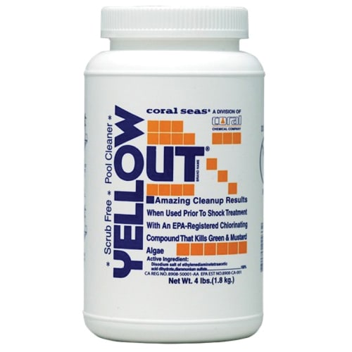 A white 4 lb bottle of Coral Seas Yellow Out Algaecide (17614COR) features blue and orange text and is an effective algae remover for swimming pools. Ideal for use with pool shock treatments. Brand: Coral Seas.