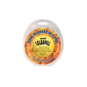 A round SeaKlear AquaPill SolarPill 2-3/4" Clarifier, 14.2 oz, is shown; this pool chemical helps reduce heat loss and evaporation for improved water retention and efficiency.