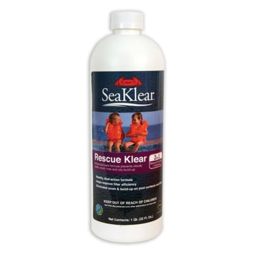 A 32 oz white bottle of SeaKlear Rescue Klear Clarifier (90180SKR) features two kids in life vests—this enzyme pool clarifier by SeaKlear removes pool oils and keeps water sparkling clear.