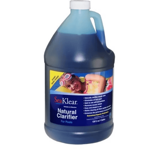 A 1-gallon bottle of SeaKlear Chitosan Clarifier (90302SKR) features an eco-friendly pool solution label with a child wearing goggles.