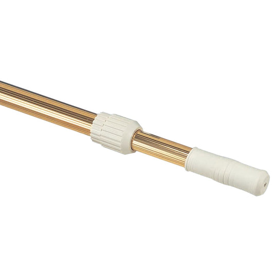 A close-up of the Ocean Blue 6-12' 2-Piece Telescopic Pole in gold, with white plastic grips, an adjustable twist mechanism, and QuickLock design for secure extension. Brand: Ocean Blue.