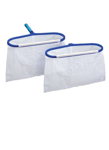 Two Ocean Blue Heavy Duty Aluminum Leaf Rakes (125030) with white mesh nets and blue rims and handles, designed for skimming debris from water surfaces.
