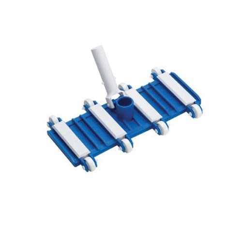 The Ocean Blue Flexible Vacuum Head (130020B) offers maximum cleaning power for concrete pools, featuring white rollers and a central hose connection.