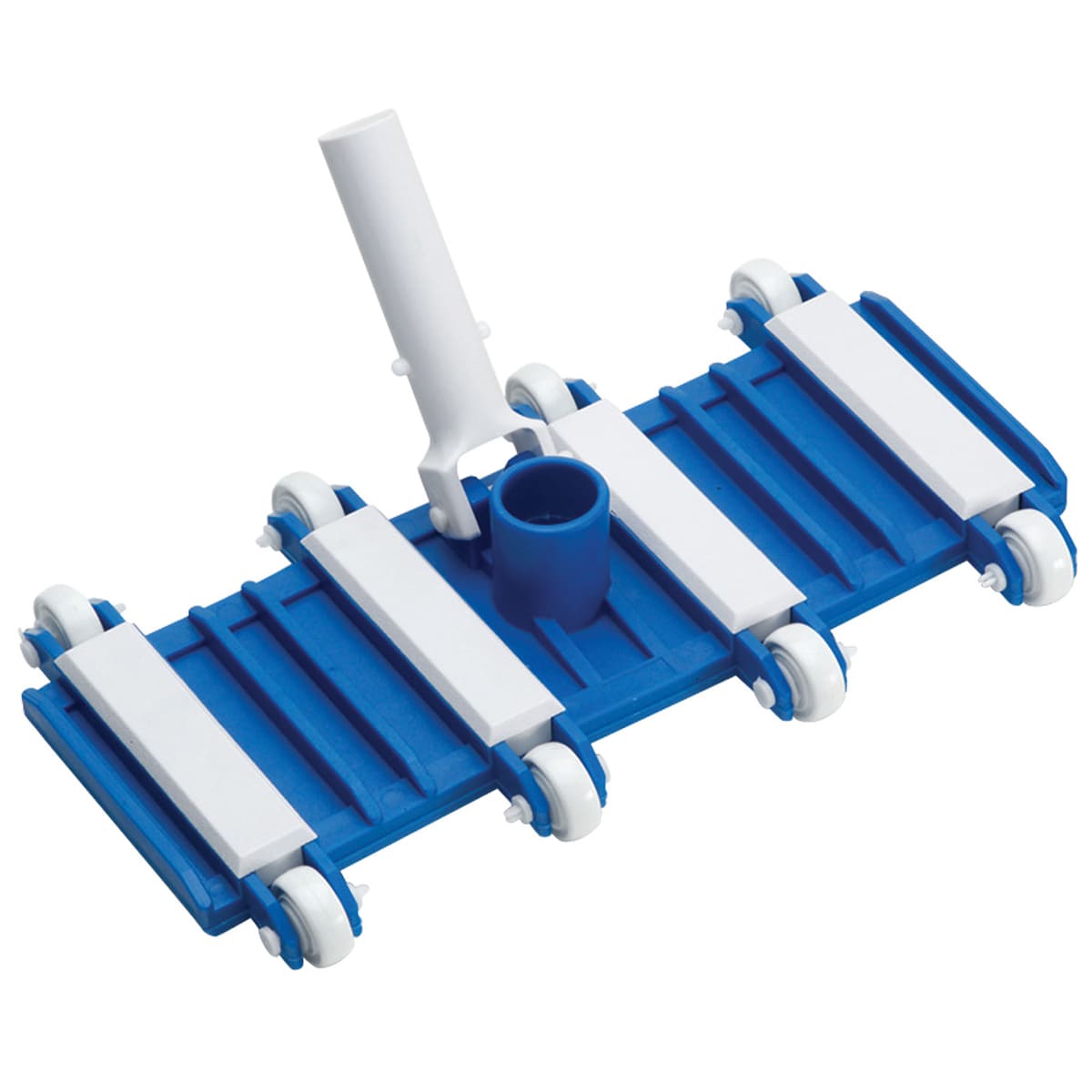 The Ocean Blue Flexible Vacuum Head | 130020, by Ocean Blue, is weighted and features white bristles and wheels with a white handle for optimal cleaning, perfect for concrete pools.