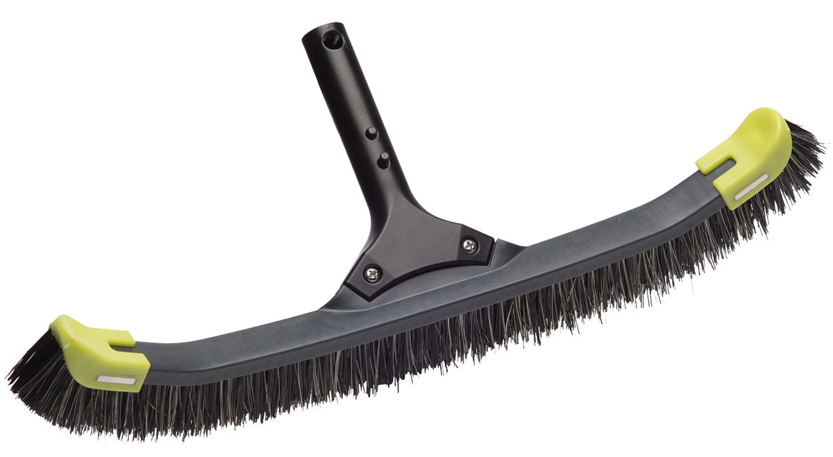 The Ocean Blue Tsunami 22" Mixed Nylon/Stainless Steel Bristle Brush (140073) features durable bristles with yellow end caps and a black handle attachment, ideal for cleaning your swimming pool surfaces.