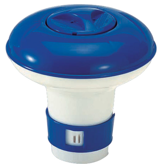 Ocean Blue Small Floating Chemical Dispenser for 1" tablets (160005), in blue & white, features an adjustable vent to control chlorine or bromine—perfect for pools and spas.