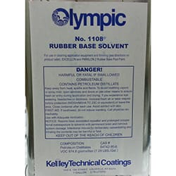 A metal container labeled "Olympic No. 1108 Rubber Base Pool Coating Solvent | 1108G" with safety warnings and product details from Olympic.