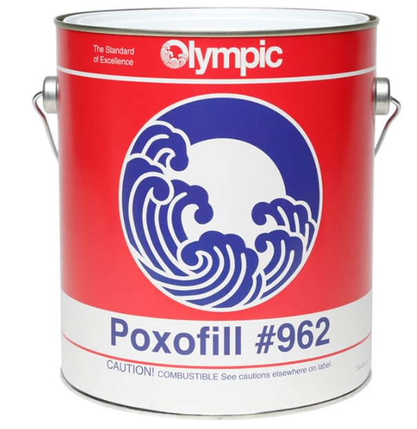 A one-quart can of Olympic Pox-O-Fill Epoxy Putty for Large Cracks (962QT) features a blue wave logo and combustion warning, ideal for concrete patching and permanent bonding like anchoring diving boards.