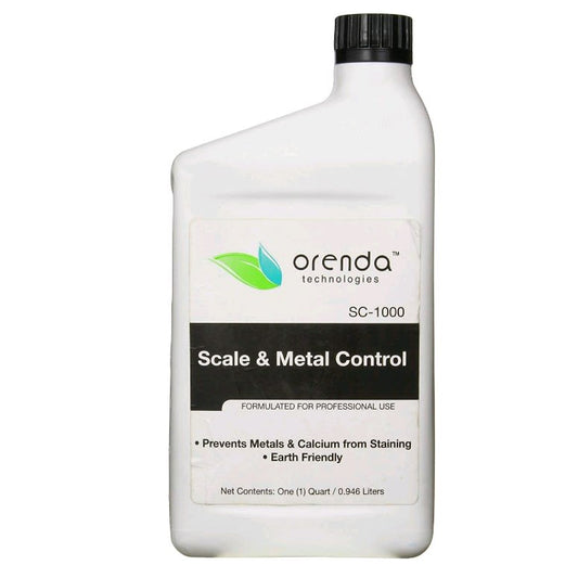 The Orenda SC-1000 Scale & Metal Control, a 32 oz bottle from Pool Goods, is an eco-friendly chelating agent for pool maintenance that prevents metal and calcium stains.