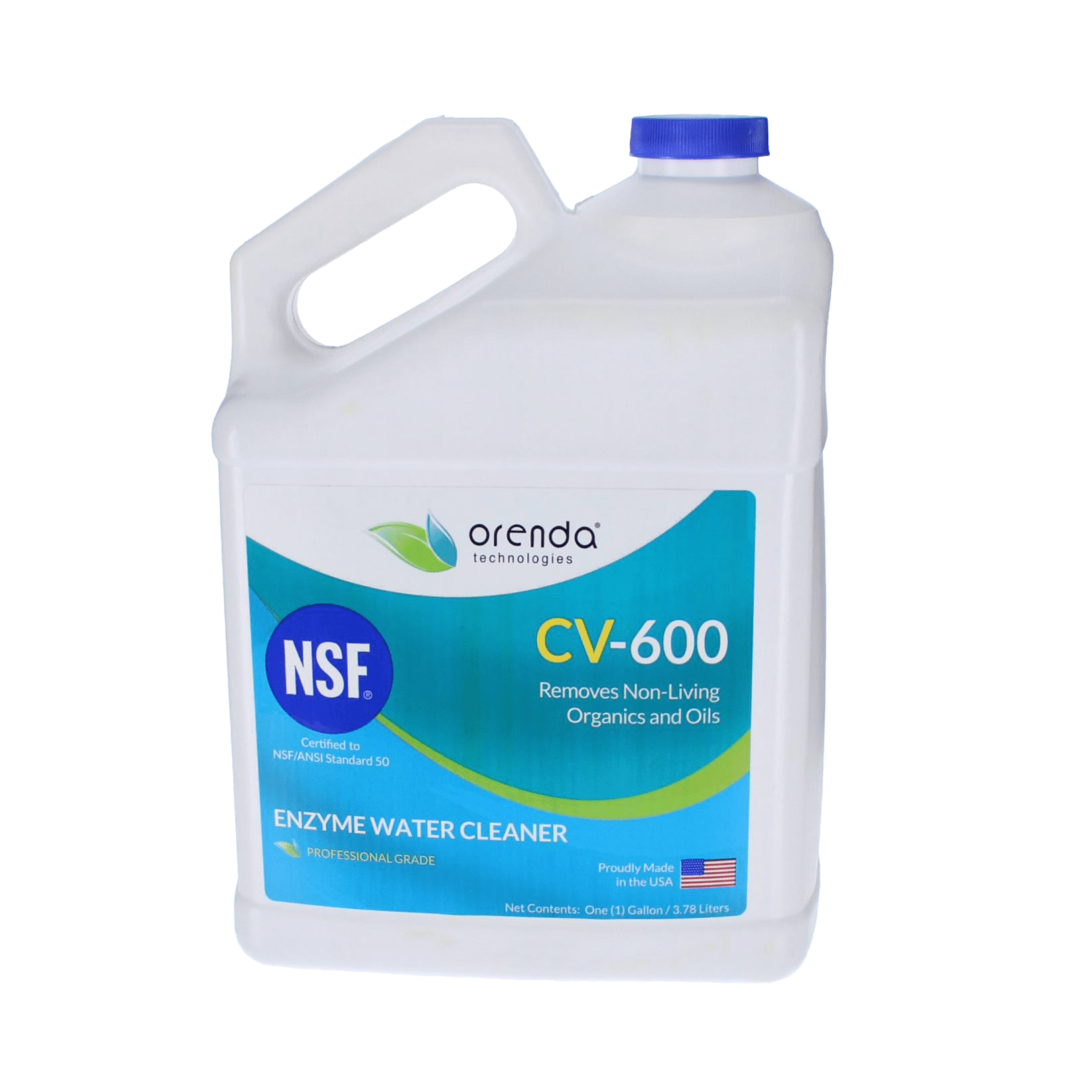 The Orenda CV-600 Enzyme Water Cleaner by Pool Goods, in a 1-gallon bottle model ORE-50-134, is ideal for proactive pool care. Featuring a white body and blue NSF-labeled design, it's excellent at removing non-living organics and oils while enhancing organic waste digestion.