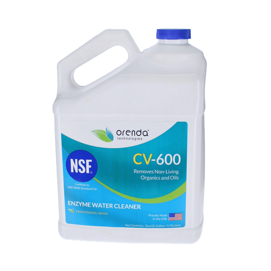 The Orenda CV-600 Enzyme Water Cleaner by Pool Goods, in a 1-gallon bottle model ORE-50-134, is ideal for proactive pool care. Featuring a white body and blue NSF-labeled design, it's excellent at removing non-living organics and oils while enhancing organic waste digestion.