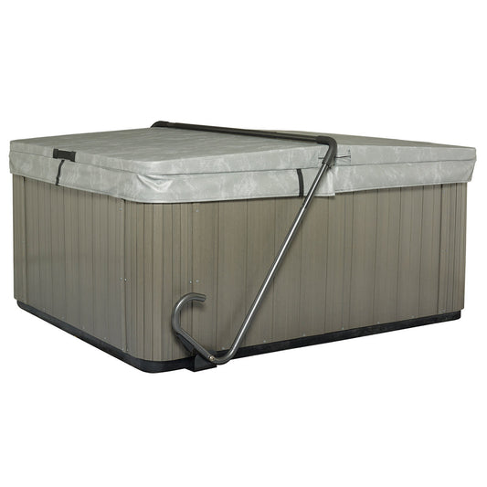 A Lazy Lifter Economy Spa Cover Lifter by Pool Goods, featuring a handle for easy lid lifting, includes a gray cover and wood-like paneled exterior.