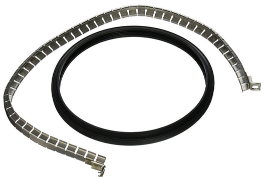 The Pentair Sta-Rite Sunglow Light Gasket & Clamp Kit (05501-0007) features a segmented metal clamp and a solid black gasket, shown coiled side by side on a white background.