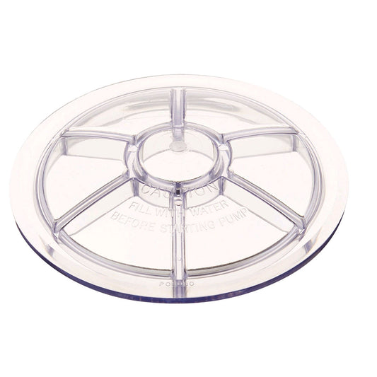 The Pentair WhisperFlo Pump Clear Lexan Cover Lid, model 070795, is a transparent, circular lid with radial reinforcement. Instructions note to fill with water before starting the pump.