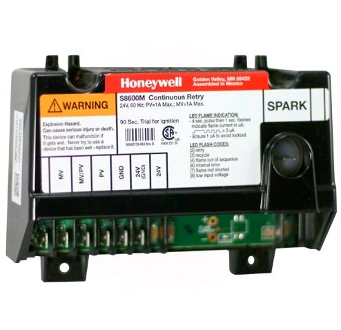 A Pentair Natural Gas Module Replacement (073584) by Pentair featuring labeled terminals, warning labels, and a spark button.