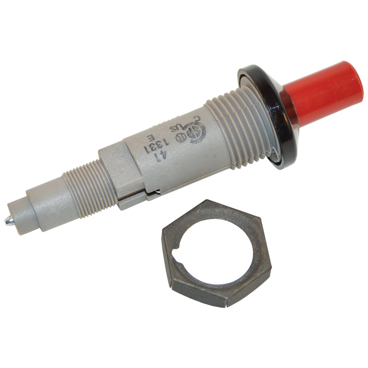 A Pentair MiniMax Ignitor Assembly (075459) by Pentair, featuring a gray threaded body, red button, and separate hexagonal nut.