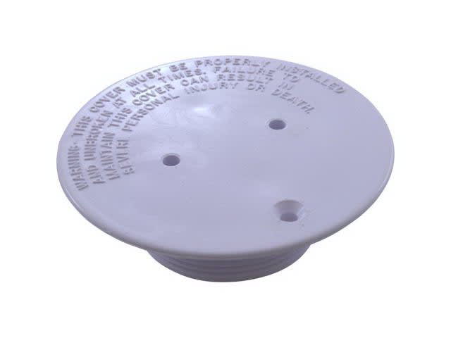 Pentair's Floor Plate Sub-Assembly, White (08417-0005) is a round pool drain cover featuring embossed safety warning text and three holes.