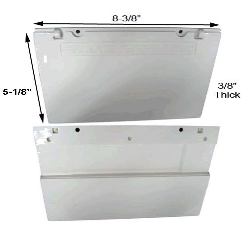 The Pentair Sta-Rite U-3 Skimmer Weir Assembly (08650-0022) includes two white plastic flaps with hooks, measuring 8-3/8" W x 5-1/8" H x 3/8" T. Designed to replace weirs in Sta-Rite/Swimquip U-3 systems, shown with a sturdy weir hinge in front and back views.