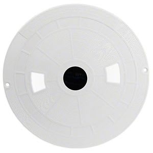 The Pentair Sta-Rite U-3 Skimmer Lid (08650-0058) by Pentair is a round, white plastic cover with a textured surface, three rectangular openings, a central black circle, and two small holes near the edge.