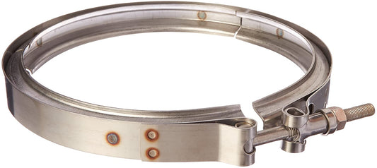 A Pentair Valve Band Clamp Assembly (152130) by Pentair with a bolt fastener, featuring some rust spots, is shown on a white background.
