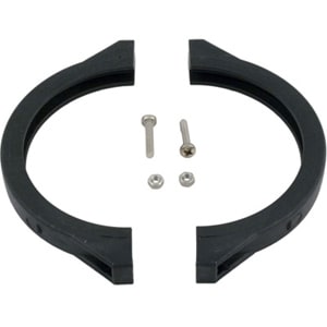 A Pentair Sand Filter Valve Clamp Assembly (152165) featuring two black plastic semi-circular brackets, two screws, and two small nuts is displayed on a white background.