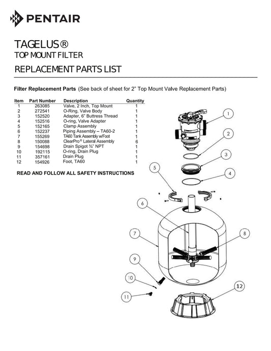 Exploded diagram of a Pentair Tagelus top mount filter showing numbered parts, including the Pentair Quad Seal O-Ring (part #152516), with corresponding replacement parts list.