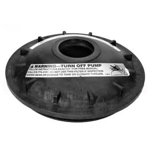 Black, round pool filter lid (Pentair Triton Filter 8.5" Closure | 154575) with a warning label to turn off the pump before removal by Pentair.