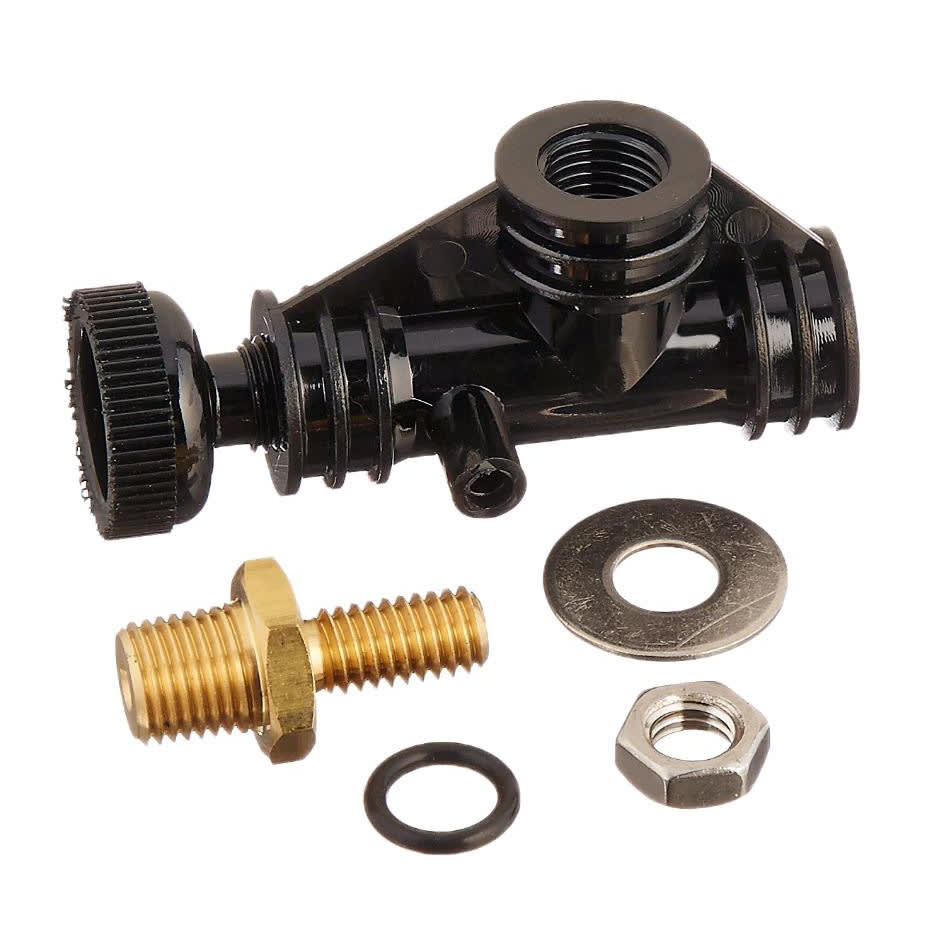 The Pentair Triton Air Bleeder Package (154687) includes a black plastic valve connector with threaded openings, a brass threaded bolt, metal washer, rubber washer, and a nut.