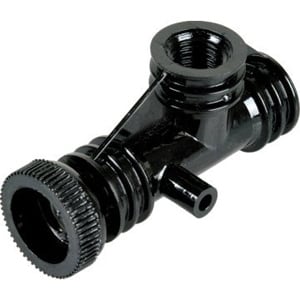 The image displays a Pentair Air-Tee Bleed Assembly (154689Z), a black T-shaped hose connector made of plastic with threaded ends and a side outlet, on a white background.