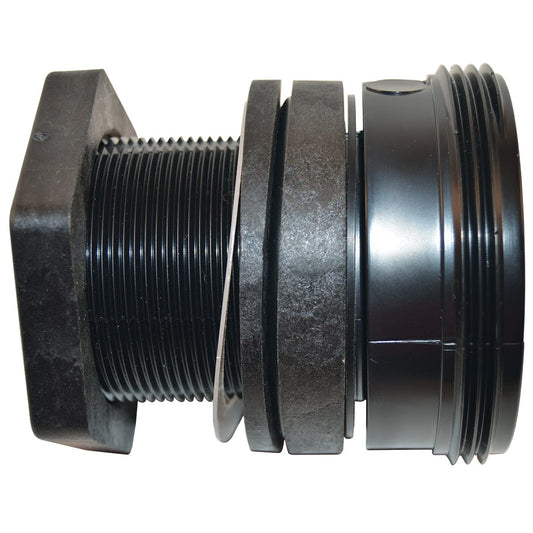 Side view of Pentair Triton II 2" Bulkhead Kit (154714), featuring a black threaded design with a square base and circular metal ring.