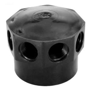 Pentair TR40/50/60 Lateral Hub Assembly 1/2" FPT (154763) black plastic cap with multiple threaded side openings, shown at an angle against a white background.
