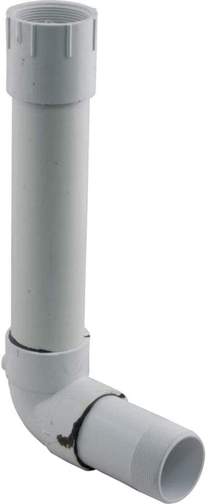 The Pentair Pipe Asy Tr100 Lwr (154807), a white PVC assembly with threaded fittings and a 90-degree elbow, is shown standing upright.