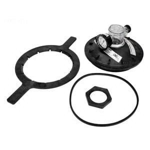 The product is a Pentair Triton 8.5" Black Closure Buttress Kit with a threaded design (154856), featuring a circular gauge with a pressure dial, black rubber gasket, and O-ring on a white background.