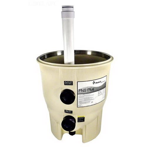 Pentair FNS Plus Tank Bottom Assembly 48 sf (170017) by Pentair—beige tank with labeled inlet/outlet connections and a vertical pipe extending from the top.
