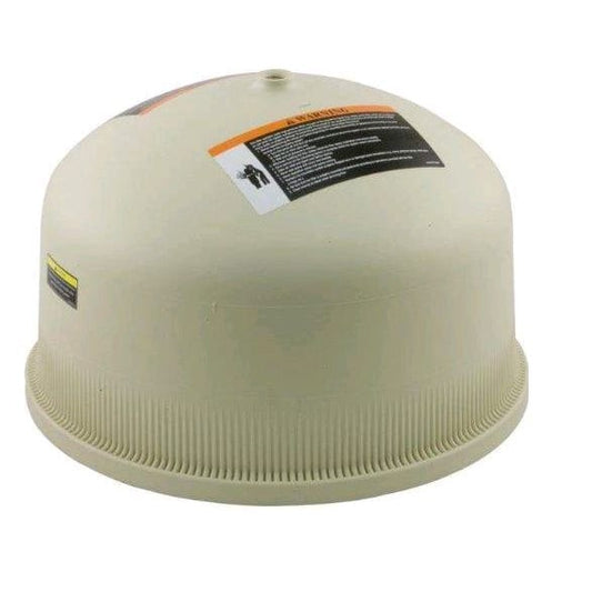 Pentair Clean & Clear Plus Tank Lid Assembly (170024) by Pentair, beige dome-shaped plastic filter tank lid with warning labels and textured base, shown on a white background.