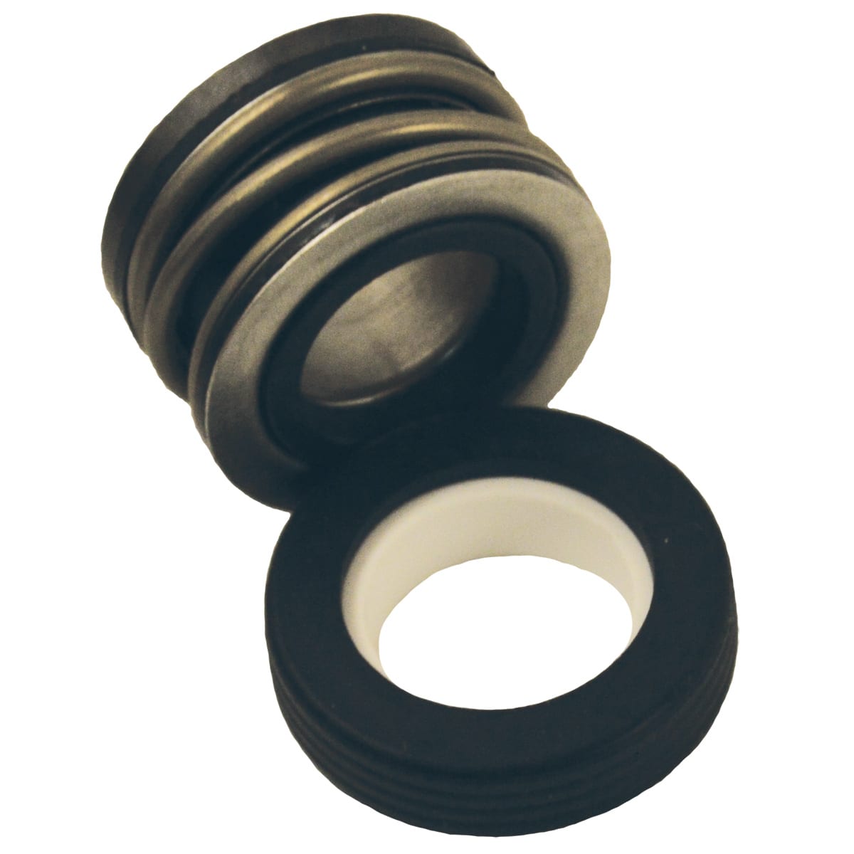 Two mechanical seals, the Pentair XF/Dyna-Jet Shaft Seal .75", featuring concentric rings and a white center, placed on a white background.