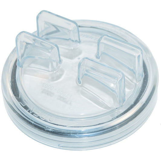The Pentair A/G Trap Lid (17500-0003) is a clear round plastic lid featuring three evenly spaced rectangular raised prongs on top.