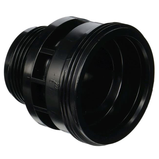 The Pentair FNS Plus Bottom Bulkhead (178575) is a black plastic threaded pipe connector with ridges, designed for joining two sections of piping.