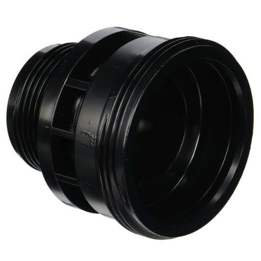 The Pentair FNS Plus Bottom Bulkhead (178575) is a black plastic threaded pipe connector with ridges, designed for joining two sections of piping.