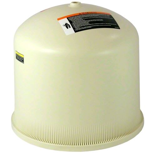 A Pentair Clean & Clear Plus Lid Assembly 420 sf (178581), featuring a beige, dome-shaped design with a ridged base and top warning label.
